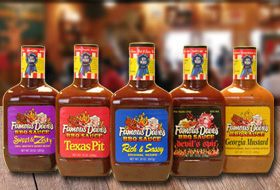 Five of Famous Dave's BBQ Sauces in bottles